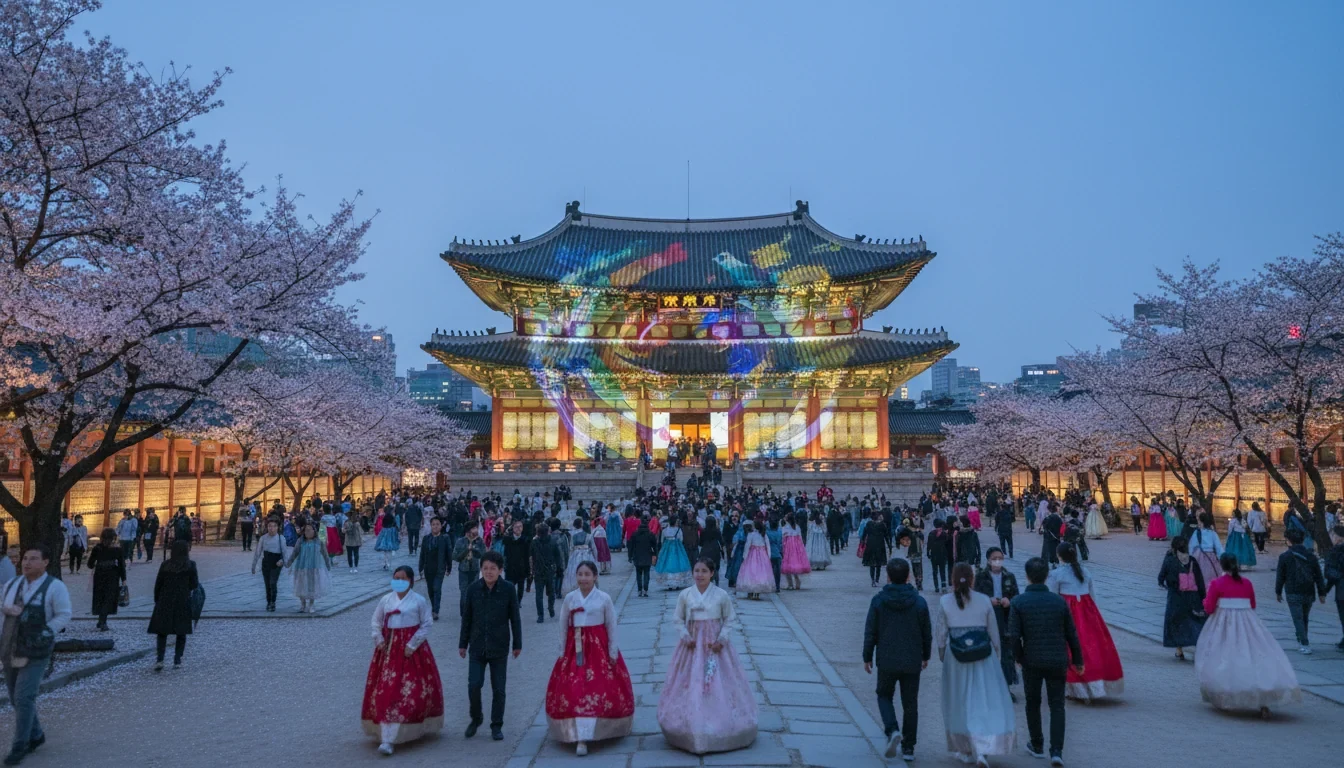 봄날 경복궁 흥례문 광장에서 열리는 궁중문화축전 개막 공연 무대와 관람객들