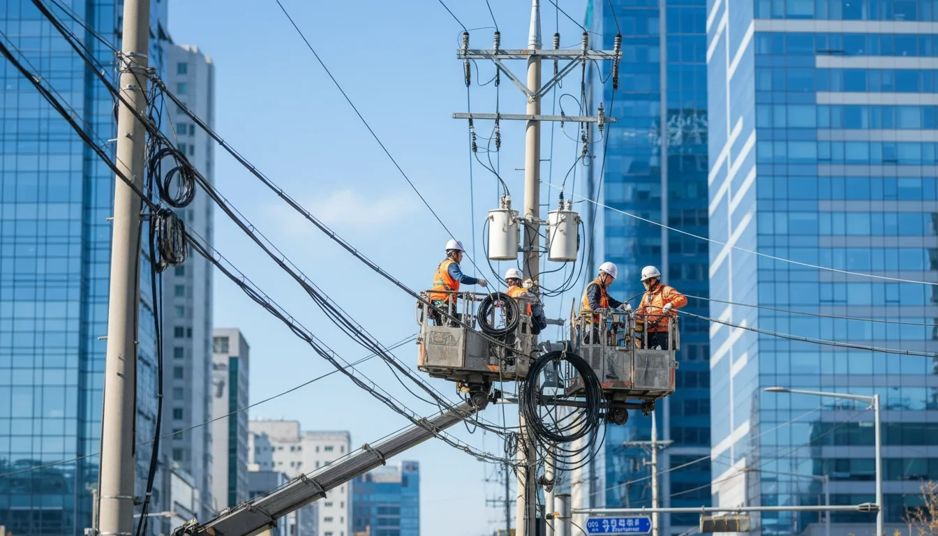 도심 도로 위 전신주에 뒤엉킨 공중케이블을 작업자들이 정비하는 현장 모습