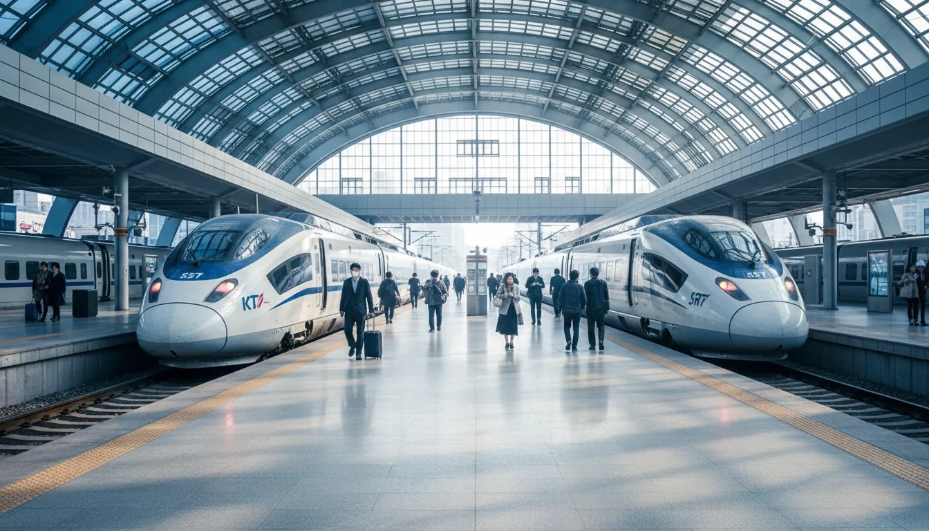 KTX와 SRT 열차가 나란히 정차한 고속철도 플랫폼에서 승객들이 탑승하는 모습