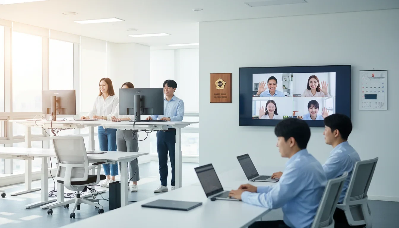 유연근무와 일생활균형을 실천하는 기업 사무실에서 직원들이 재택근무와 시차출퇴근을 활용하는 모습