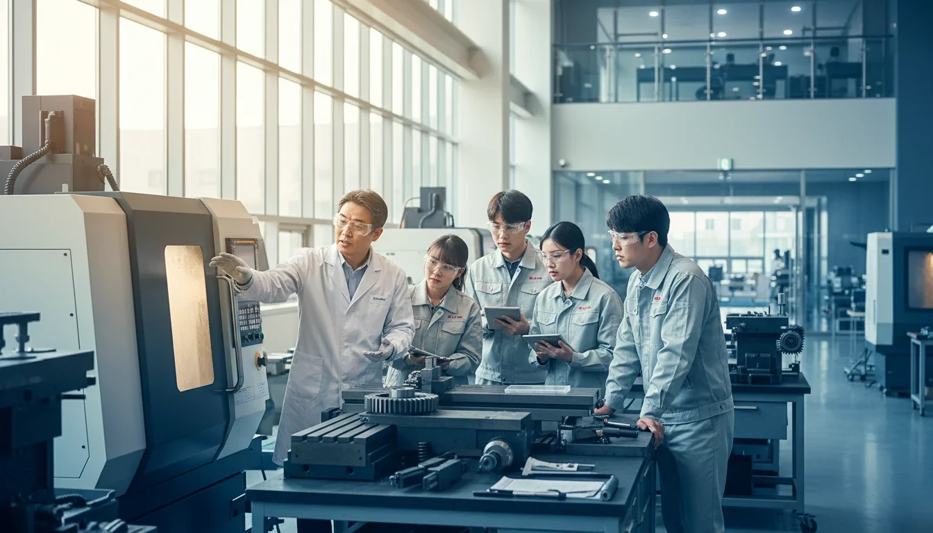 한국폴리텍대학 캠퍼스에서 실습 장비 앞에 서 있는 교수진과 학생들의 모습