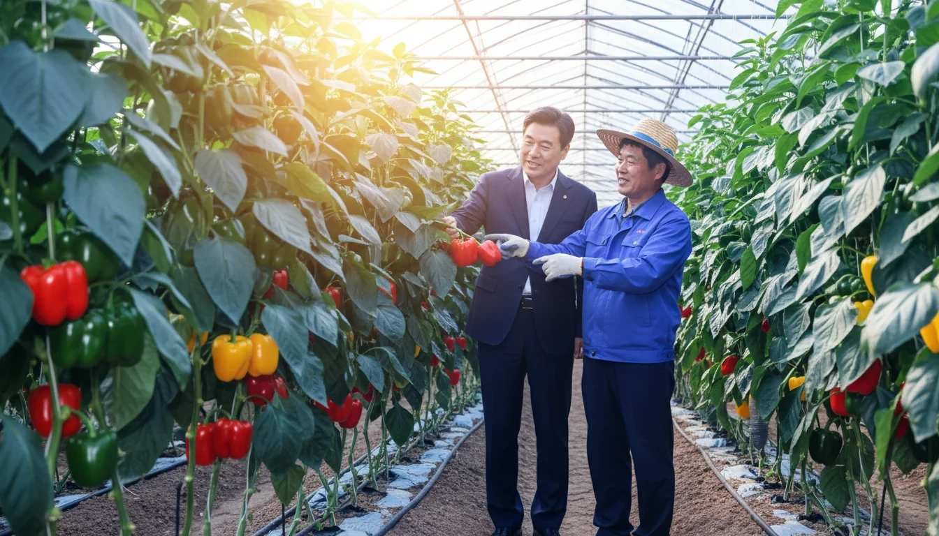 경기도 고양시 파프리카 시설원예 하우스 내부에서 농림축산식품부 관계자가 농가 생육상황을 점검하는 모습