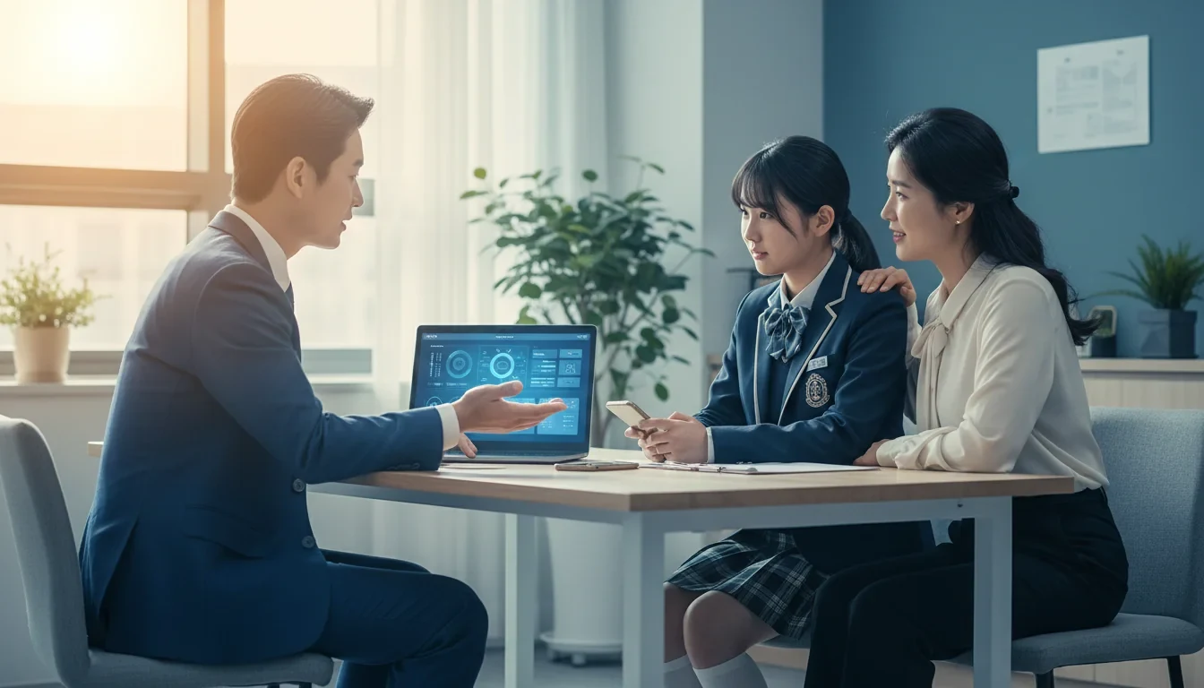 현직 교사가 학생과 학부모에게 대학 입시 상담을 제공하는 상담실 풍경