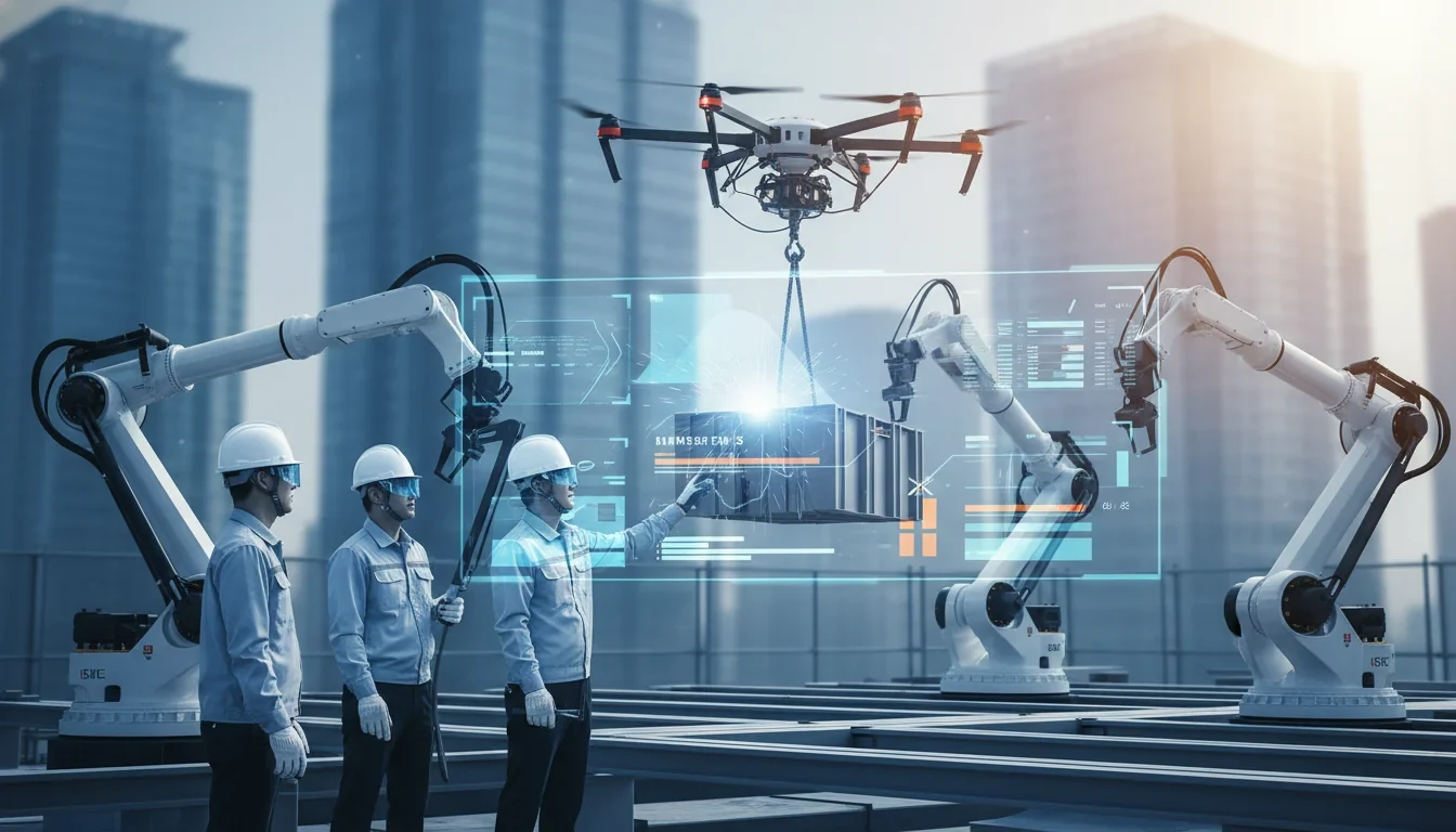 건설현장에서 드론과 자동화 장비가 작동하는 스마트건설 기술 적용 모습