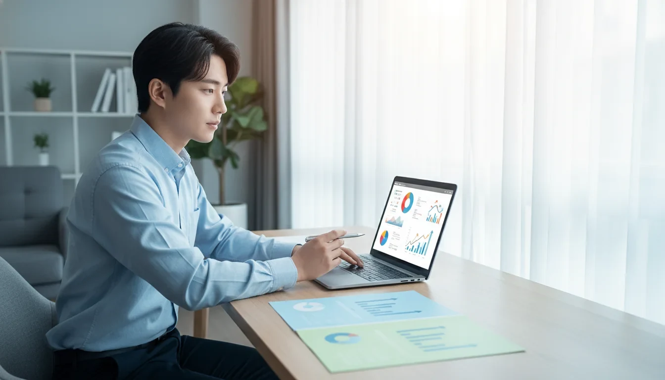 청년이 노트북 앞에서 청년도약계좌와 청년미래적금 조건을 비교표로 정리하며 고민하는 모습