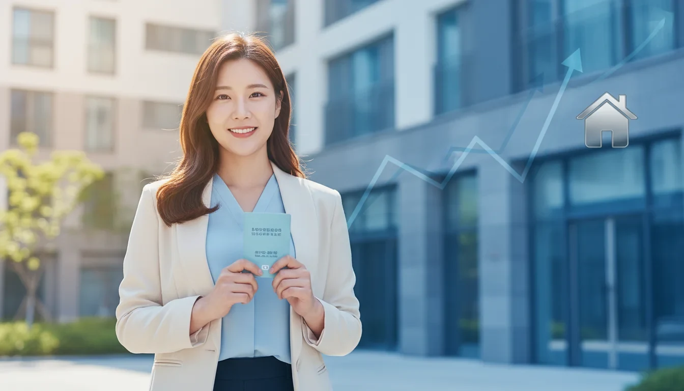 청년이 청약통장 서류를 들고 새 아파트 앞에서 미소 짓는 모습