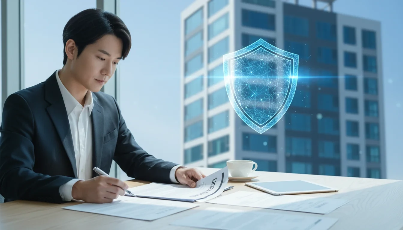 전세 계약서 위에 안전 방패 아이콘이 표시되고 임차인이 통합 정보 시스템 화면을 확인하는 모습