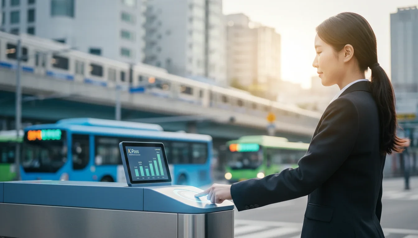 K-패스 카드를 들고 지하철에 탑승하는 시민과 환급률 인상 안내 화면이 보이는 장면