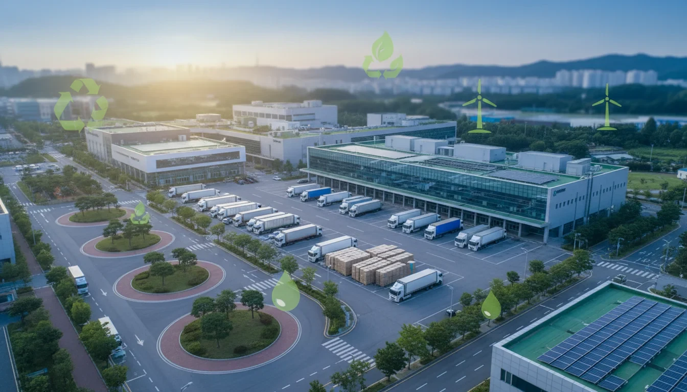 국가식품클러스터 산업단지에서 친환경 포장재로 전환된 식품 제품들이 공동 물류 집하장에 적재되어 있는 모습