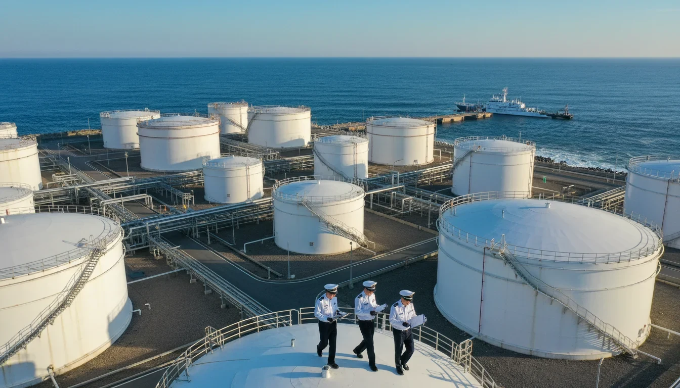 해양경찰 점검관이 대형 기름 저장탱크 시설을 안전 점검하는 현장 모습