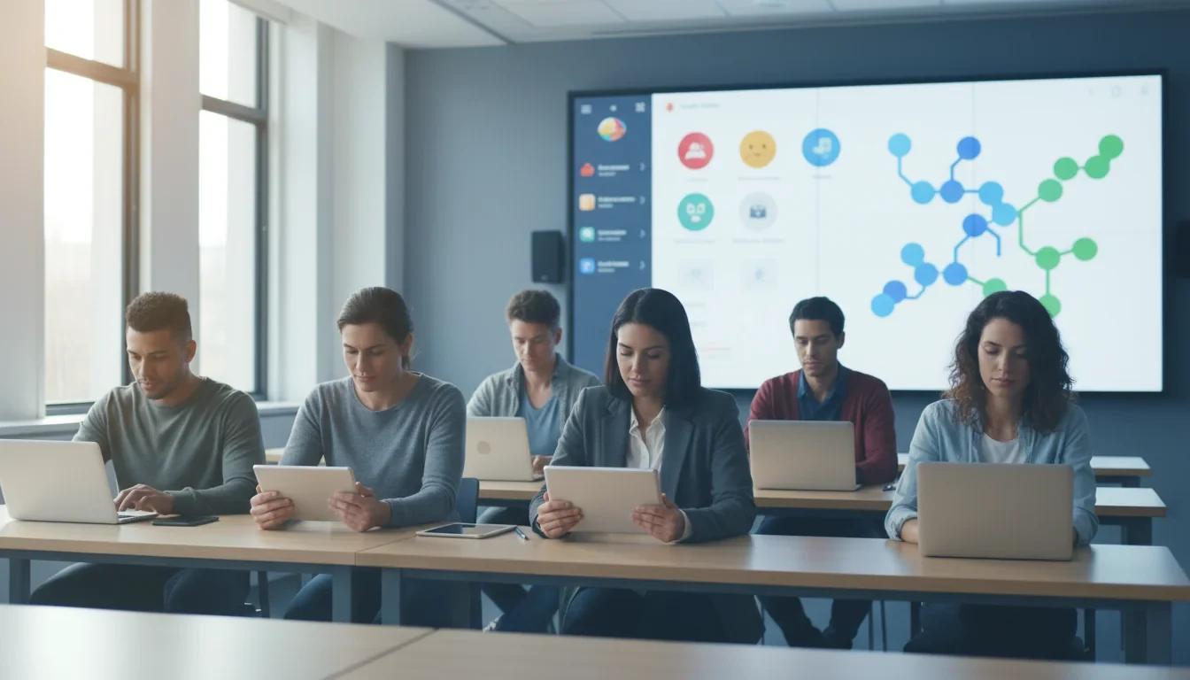 다문화 배경 학생들이 교실에서 태블릿으로 모두의 한국어 AI 학습 시스템을 사용하는 모습