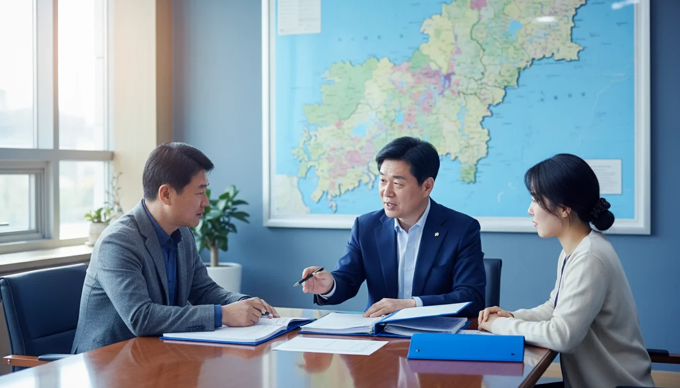 전문가가 지방자치단체 복지 담당자와 함께 지역 현장을 방문하여 복지 사각지대 해소 방안을 논의하는 모습