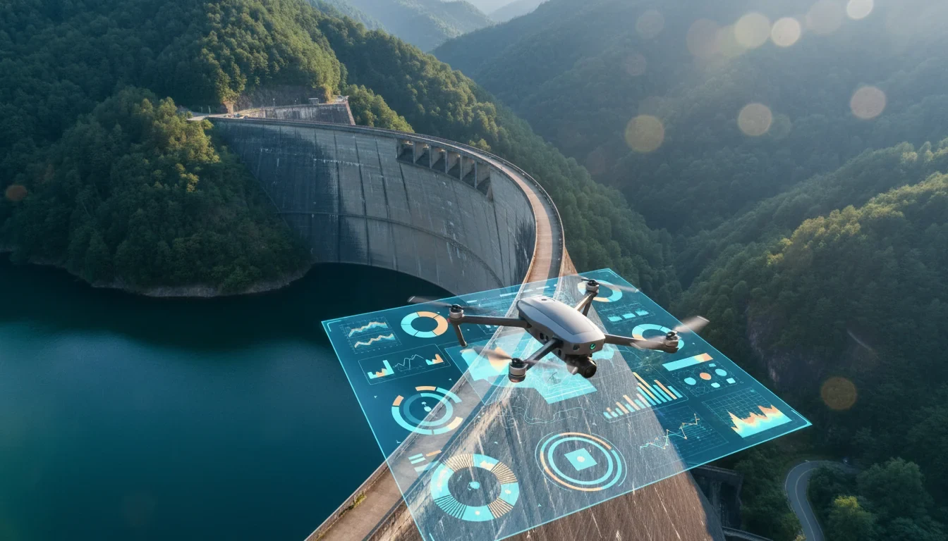 무인기가 대형 댐 정상부를 비행하며 안전점검을 수행하는 모습과 디지털 트윈 모니터링 화면