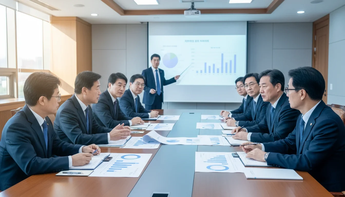 국무총리 주재로 건설업계와 금융업계 관계자들이 회의실에서 합동 간담회를 진행하는 모습