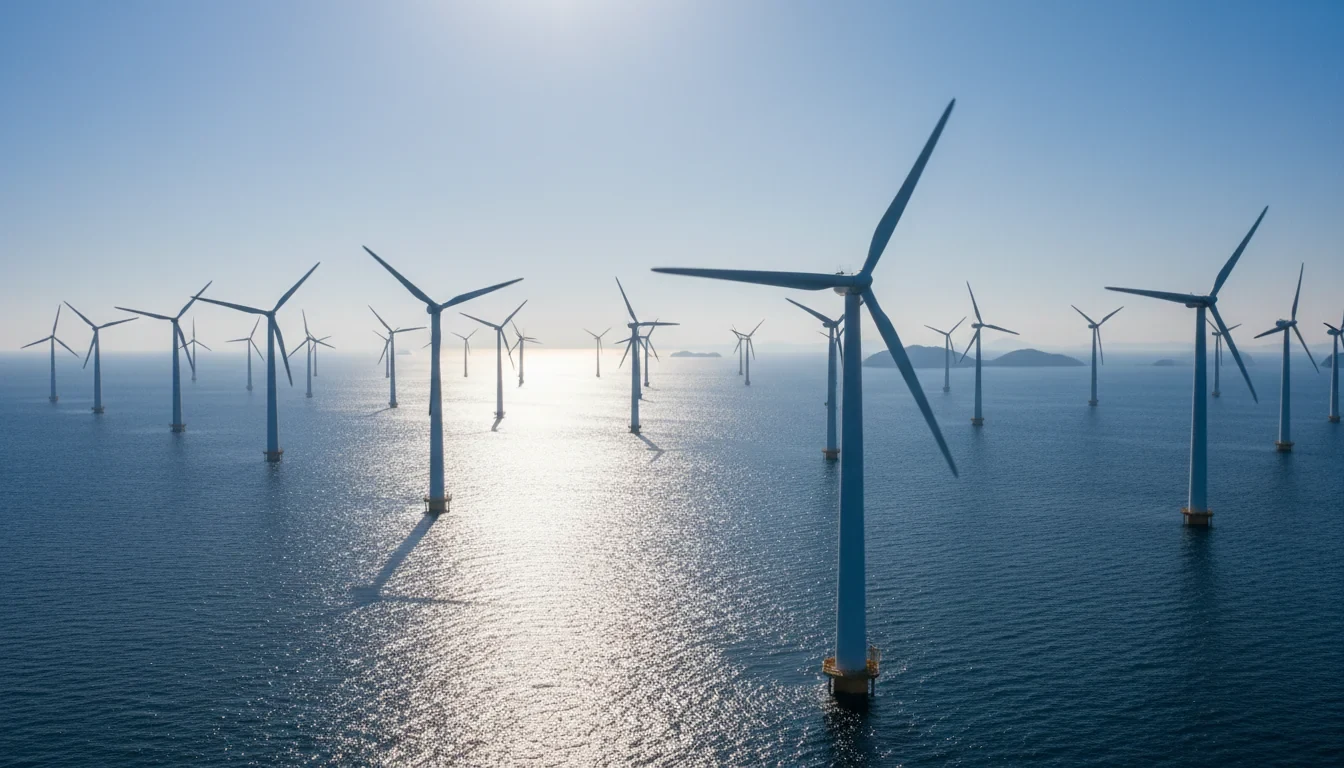 전남 신안군 우이도 해상에 대규모 풍력발전기들이 설치된 해상풍력 발전단지 전경