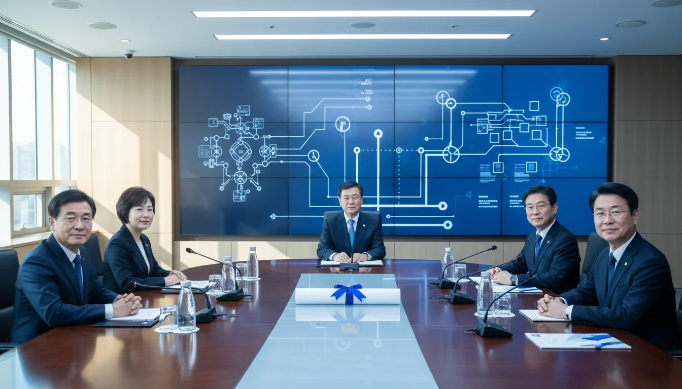 과학기술정보통신부 부총리와 통신 3사 CEO가 회의 테이블에서 공동선언문을 발표하는 간담회 현장