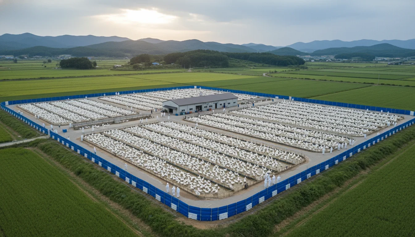 충남 논산 육용오리 농장에서 방역복을 입은 방역 요원들이 조류인플루엔자 살처분 작업을 진행하는 모습