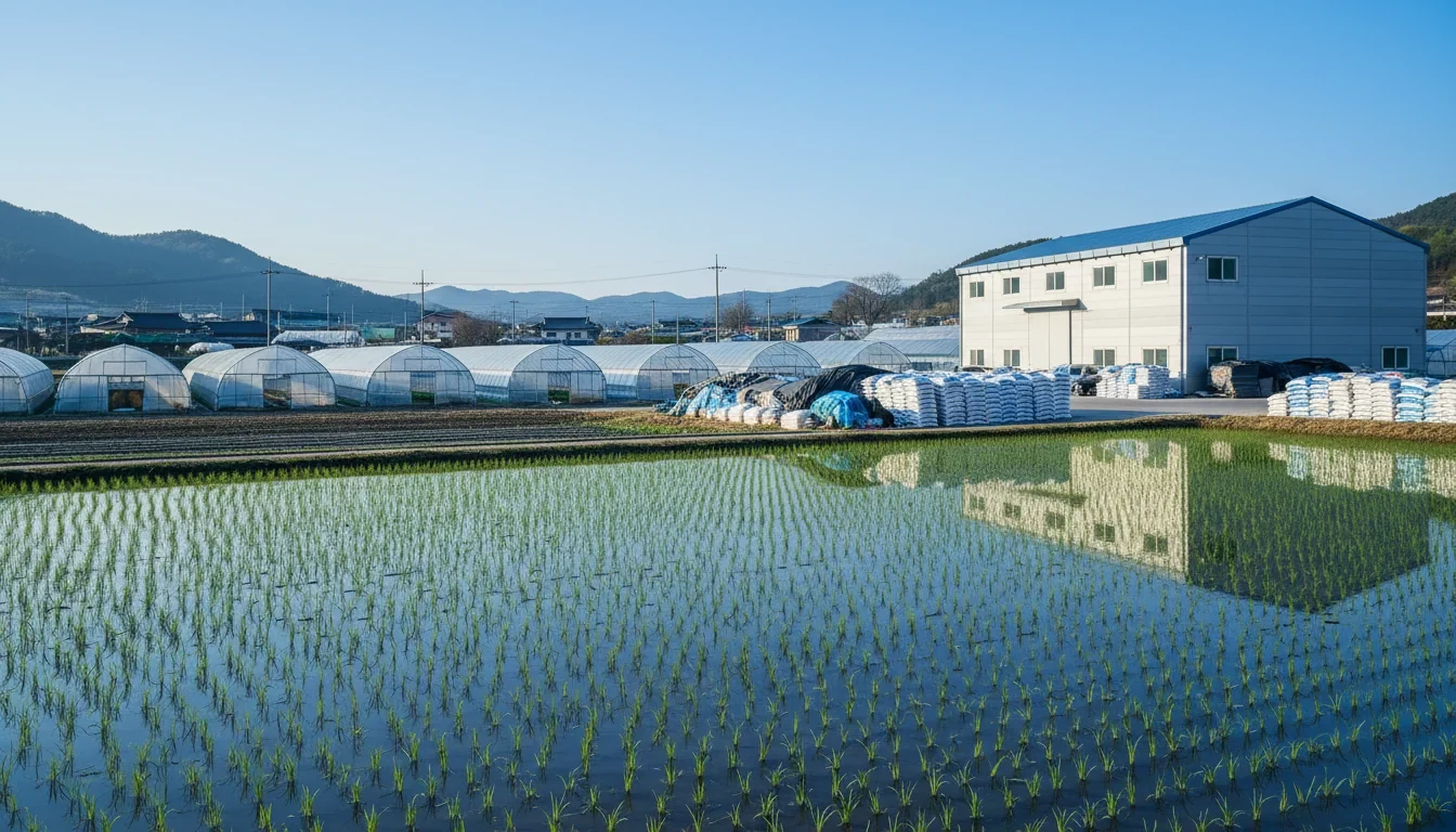 봄 영농철 논밭에서 비료를 살포하는 농부와 비닐하우스가 보이는 농촌 풍경