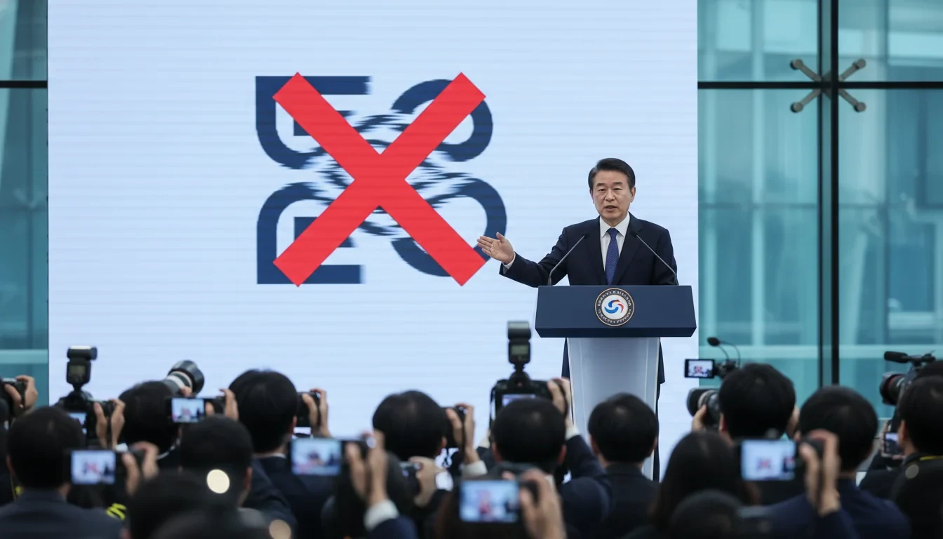 행정안전부 청사 앞에서 가짜뉴스 단속 방침을 발표하는 정부 관계자와 보도진