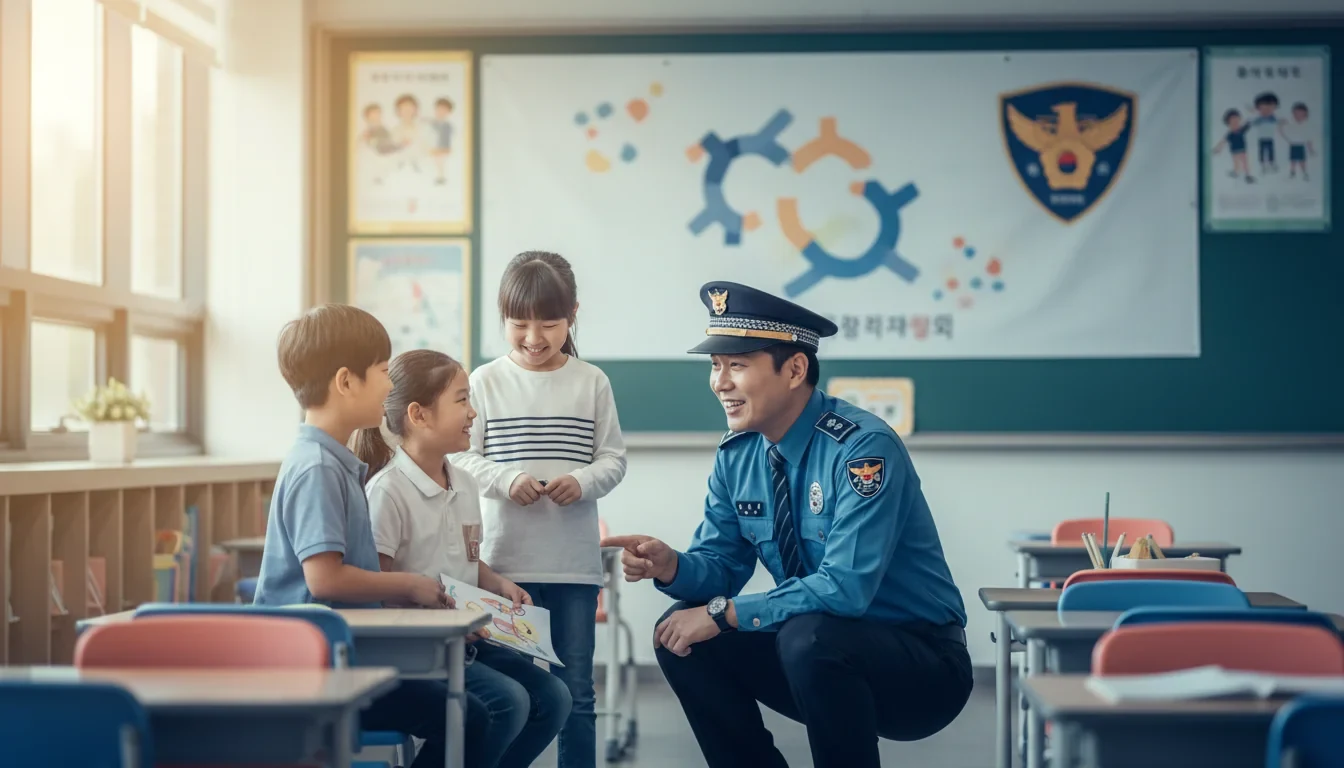 학교전담경찰관이 청소년경찰학교에서 학생들에게 학교폭력 예방교육을 진행하는 모습