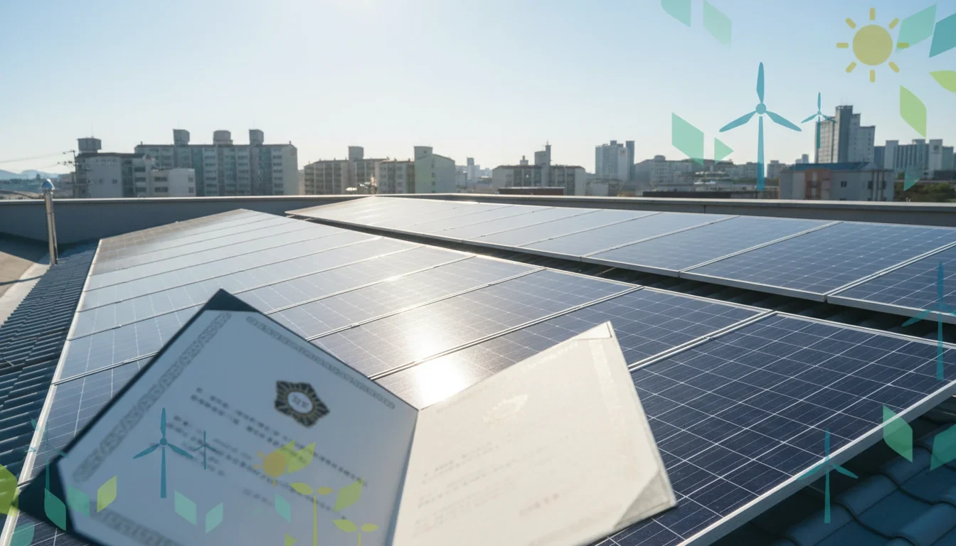 주택 지붕 위에 국산 태양광 패널이 설치된 모습과 정부 지원 사업 안내 배너