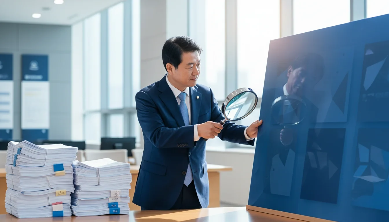 교육부 학원 교습비 특별점검 현장에서 점검관이 학원 교습비 게시판을 확인하는 모습