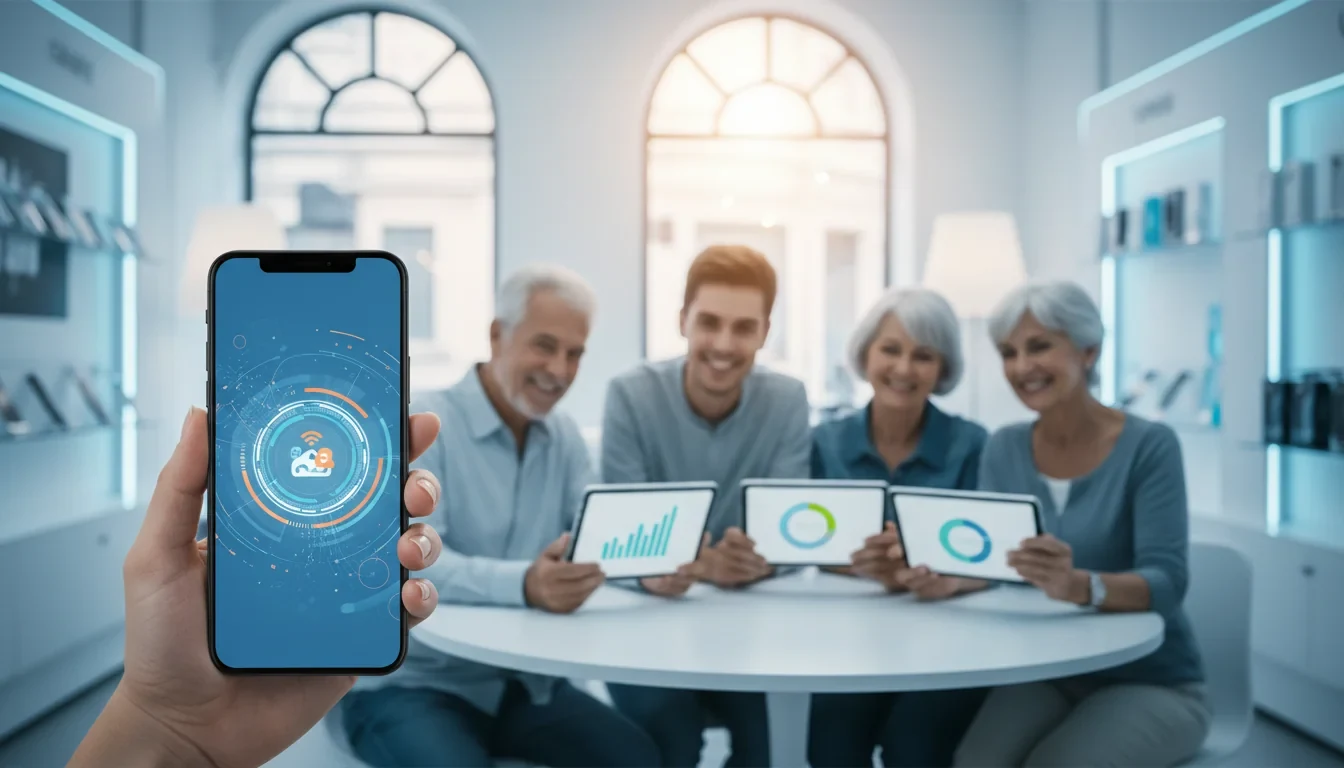 스마트폰 화면에 2만 원대 5G 요금제 안내가 표시되고, 다양한 연령대의 이용자들이 통신비 절감 혜택을 확인하는 모습