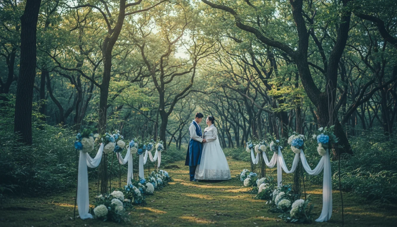 국립공원 숲속 야외 결혼식장에서 예비부부가 자연을 배경으로 결혼식을 올리는 모습