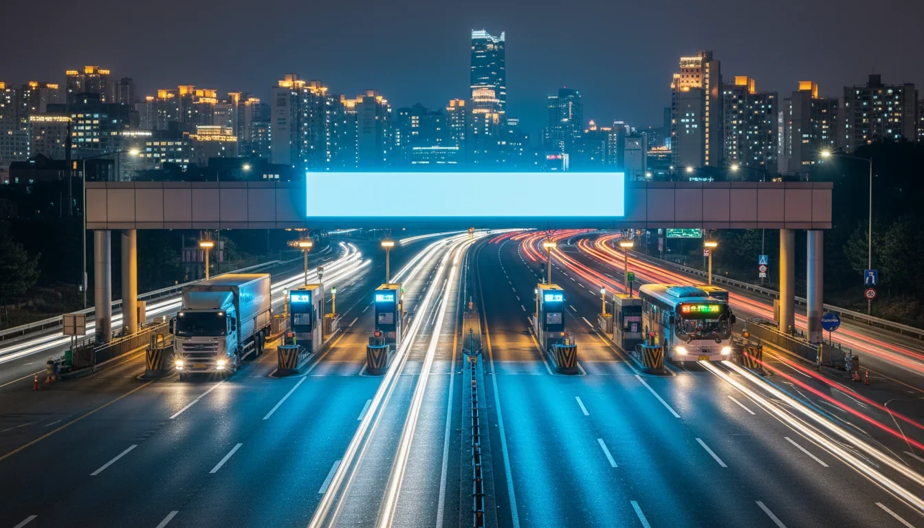 재정고속도로 톨게이트를 통과하는 노선버스와 심야 화물차가 통행료 면제 표시를 지나가는 장면