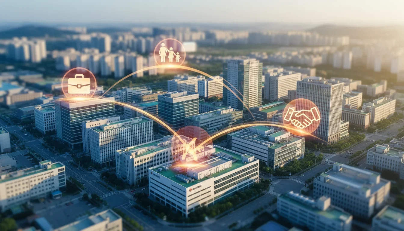 산업단지 중소기업 사무실에서 고용노동부 담당자가 CEO와 인사담당자에게 일·생활균형 제도를 설명하는 현장 교육 장면