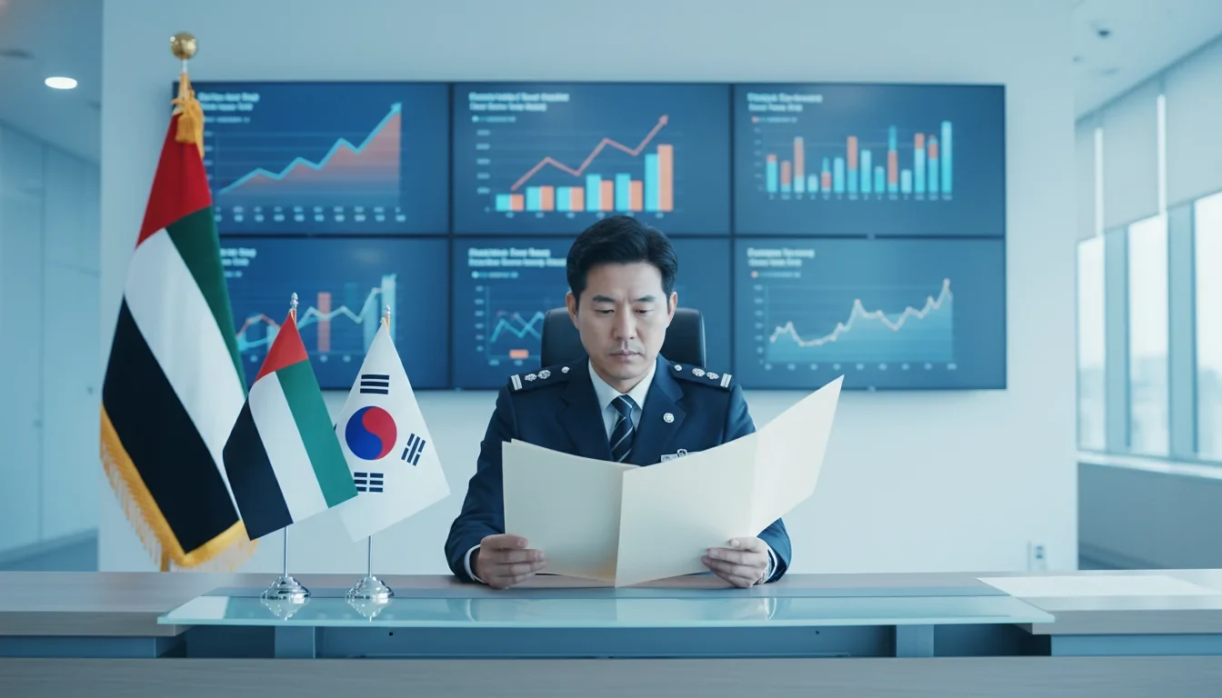 관세청 직원이 수출기업 담당자에게 한-UAE CEPA 원산지인증수출자 사전인증 신청 절차를 안내하는 모습
