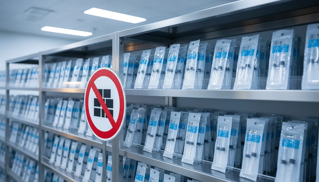 주사기와 주사침이 정렬된 의료용품 보관 선반 앞에 매점매석 금지 안내문이 부착된 모습
