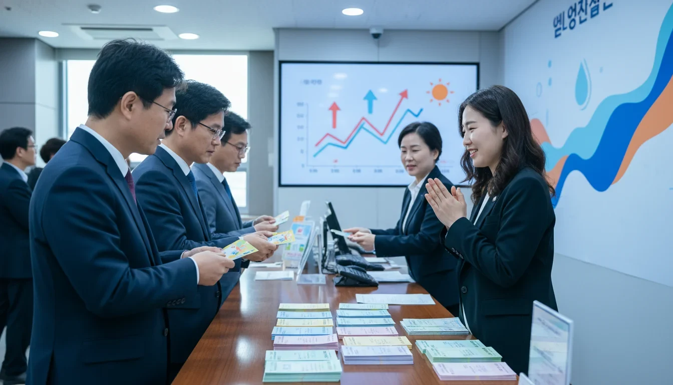 정부 고유가 피해지원금 지급 안내문 앞에서 지역화폐 카드를 들고 있는 시민의 모습