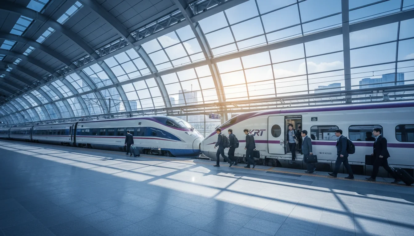 수서역 플랫폼에서 KTX와 SRT 두 열차가 물리적으로 연결되어 하나의 편성으로 출발을 준비하는 모습
