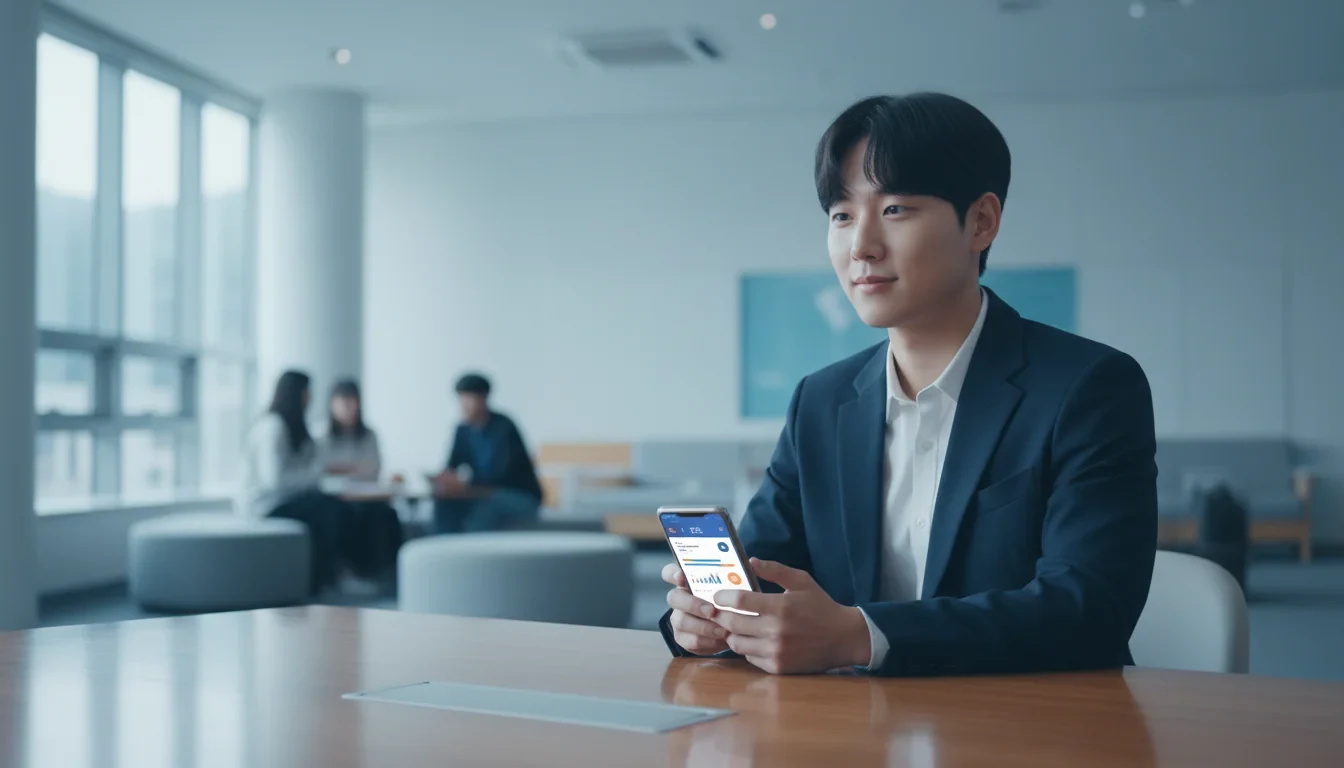 스마트폰으로 서민금융 잇다 앱을 열어 청년 미래이음 대출을 신청하는 청년의 모습