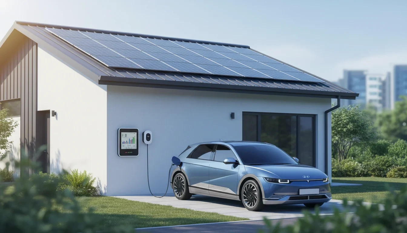 시간대별 전기요금표가 표시된 스마트 계량기와 낮 시간에 충전 중인 전기차가 있는 주택 풍경