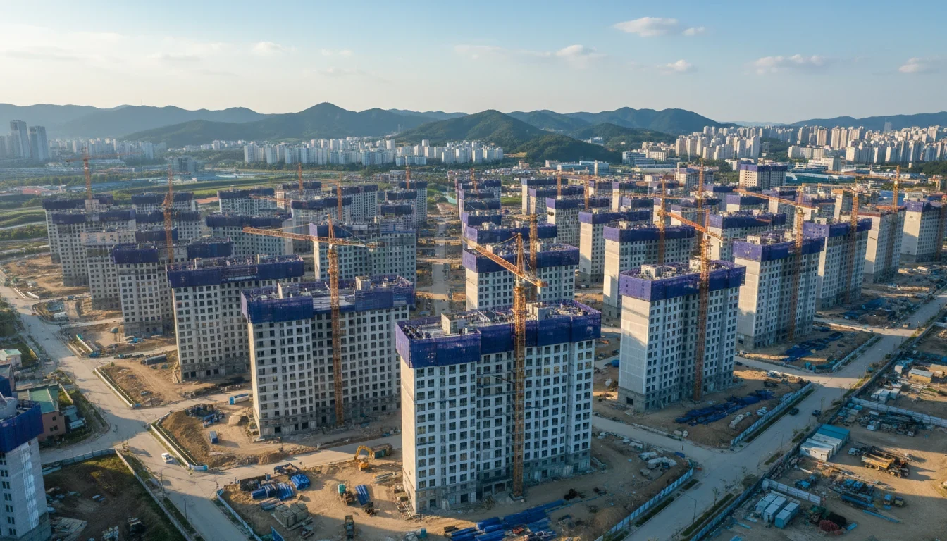 수도권 3기 신도시 공공주택 아파트 단지가 착공되는 현장 전경과 청약 안내 게시판