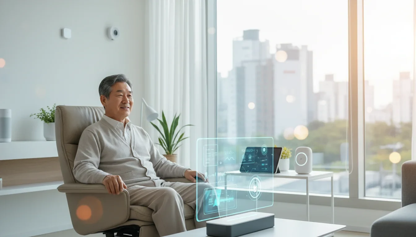 AI와 IoT 센서가 설치된 스마트 홈에서 노인이 안전하게 생활하는 모습