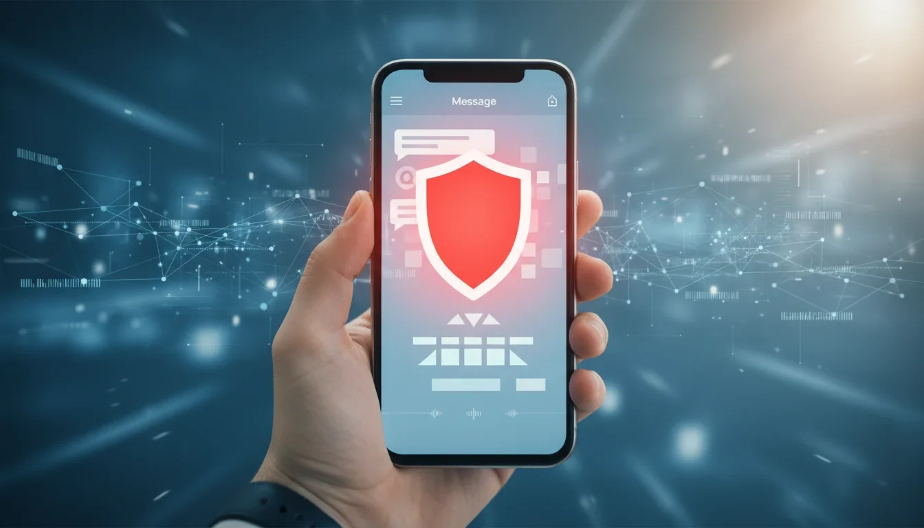 고유가 피해지원금을 사칭한 스미싱 문자를 받은 스마트폰 화면과 주의 경고 표시