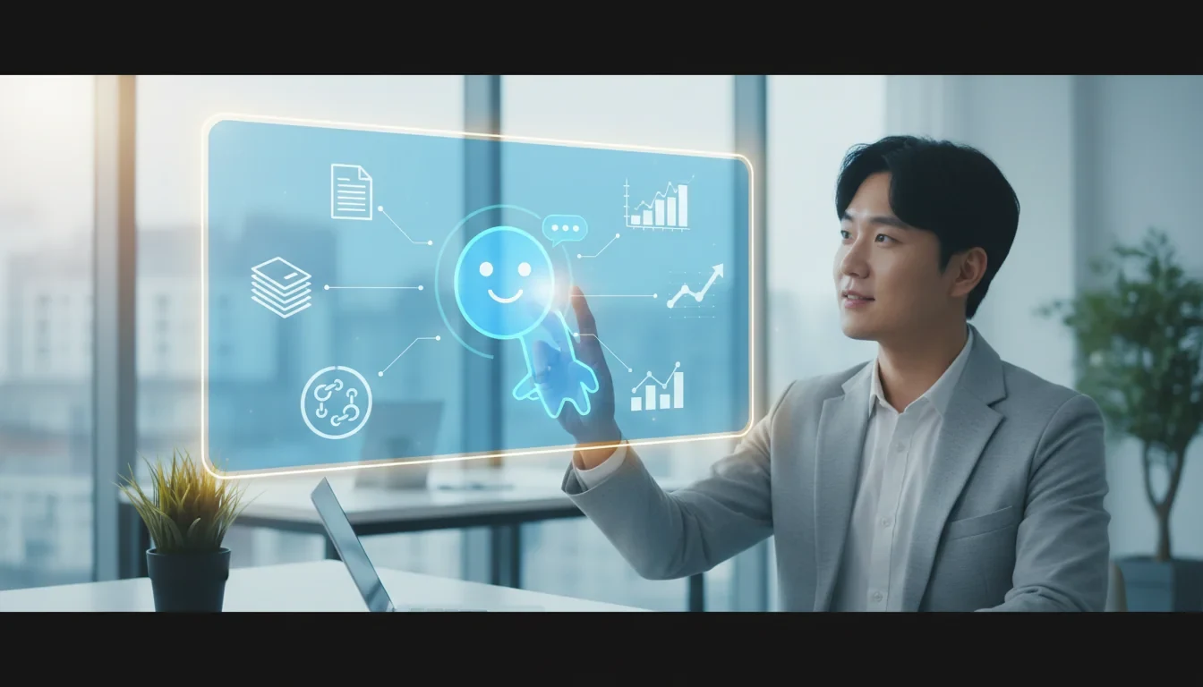 중소기업 통합플랫폼 화면에서 AI 에이전트가 소상공인에게 맞춤형 정책자금 지원사업을 추천하는 장면