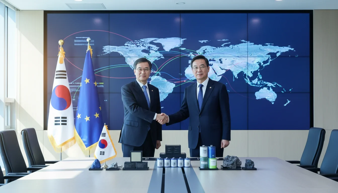 한국과 EU 대표단이 서울에서 차세대전략대화 회의를 진행하며 핵심광물·반도체 공급망 협력 문서에 서명하는 장면