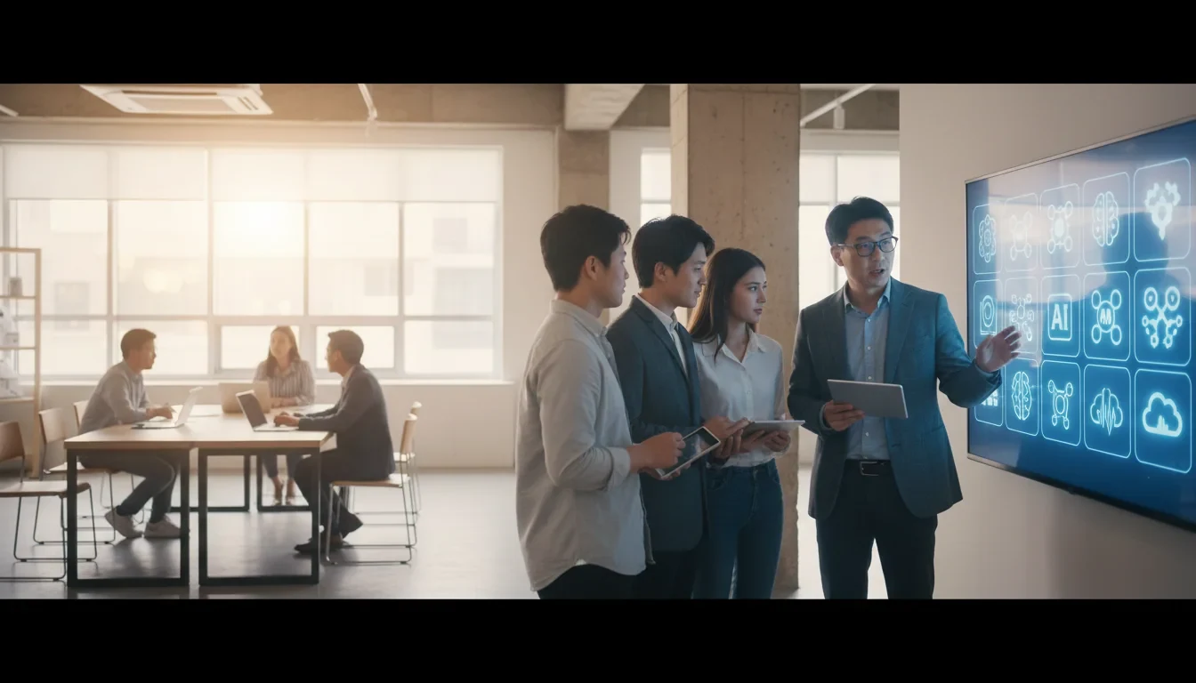 예비 창업자들이 멘토와 함께 AI 솔루션을 활용해 창업 아이디어를 논의하는 회의 장면