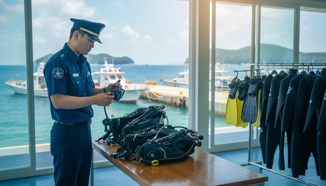 해양경찰청 직원이 수중레저 사업장에서 스쿠버다이빙 장비와 안전시설을 점검하는 현장 모습