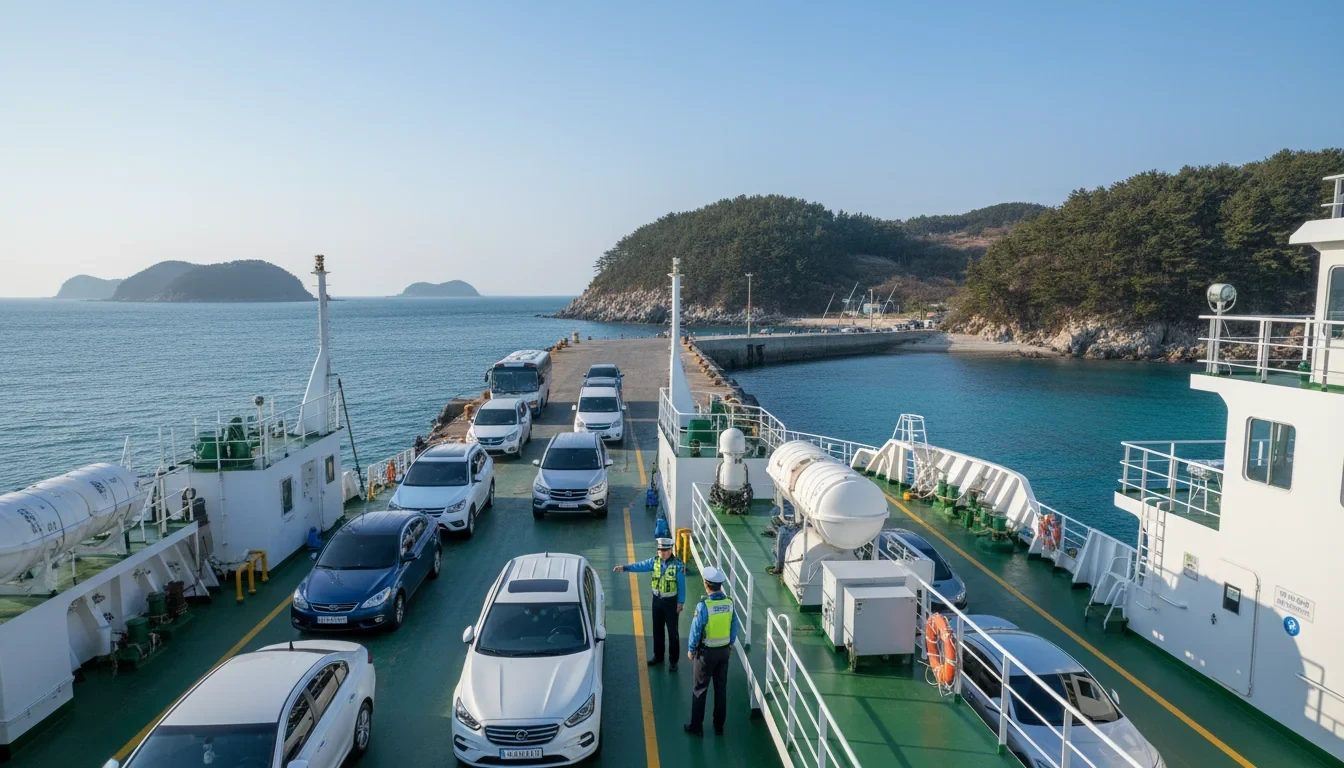 차량을 싣고 바다를 건너는 도선 위에서 해양경찰 합동 점검단이 안전 설비를 점검하는 장면
