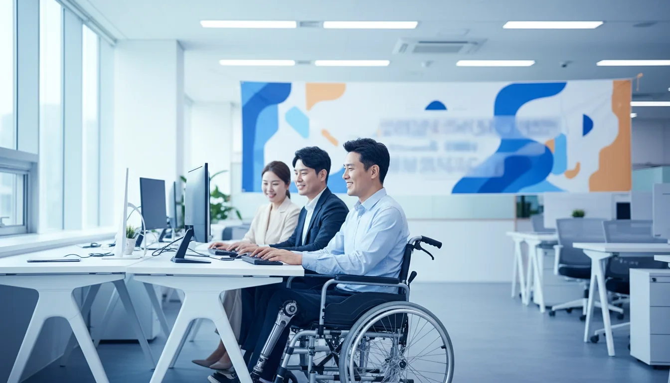 장애인 근로자가 직업재활 시설에서 동료와 함께 생산품을 포장하고 있는 모습