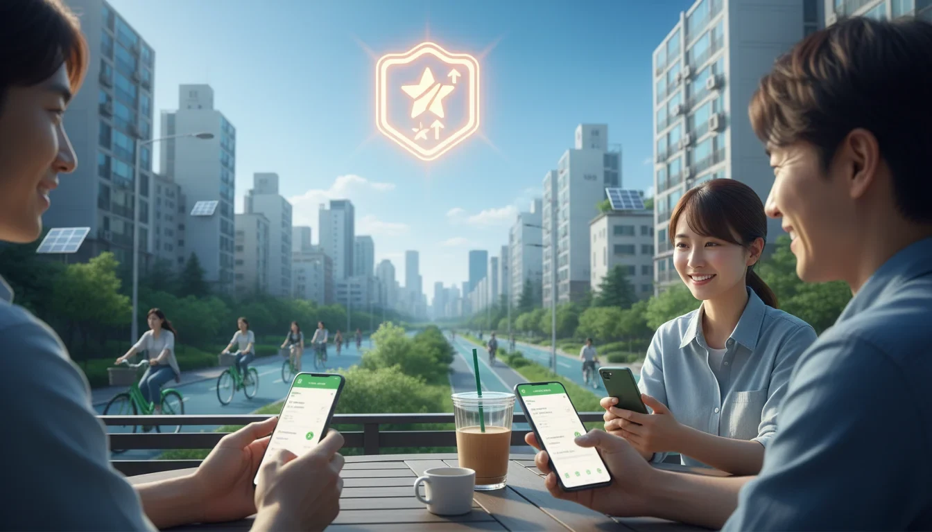 다회용컵과 공유자전거, 전자영수증 등 탄소중립 실천 항목 아이콘이 나열된 친환경 포인트 적립 안내 이미지