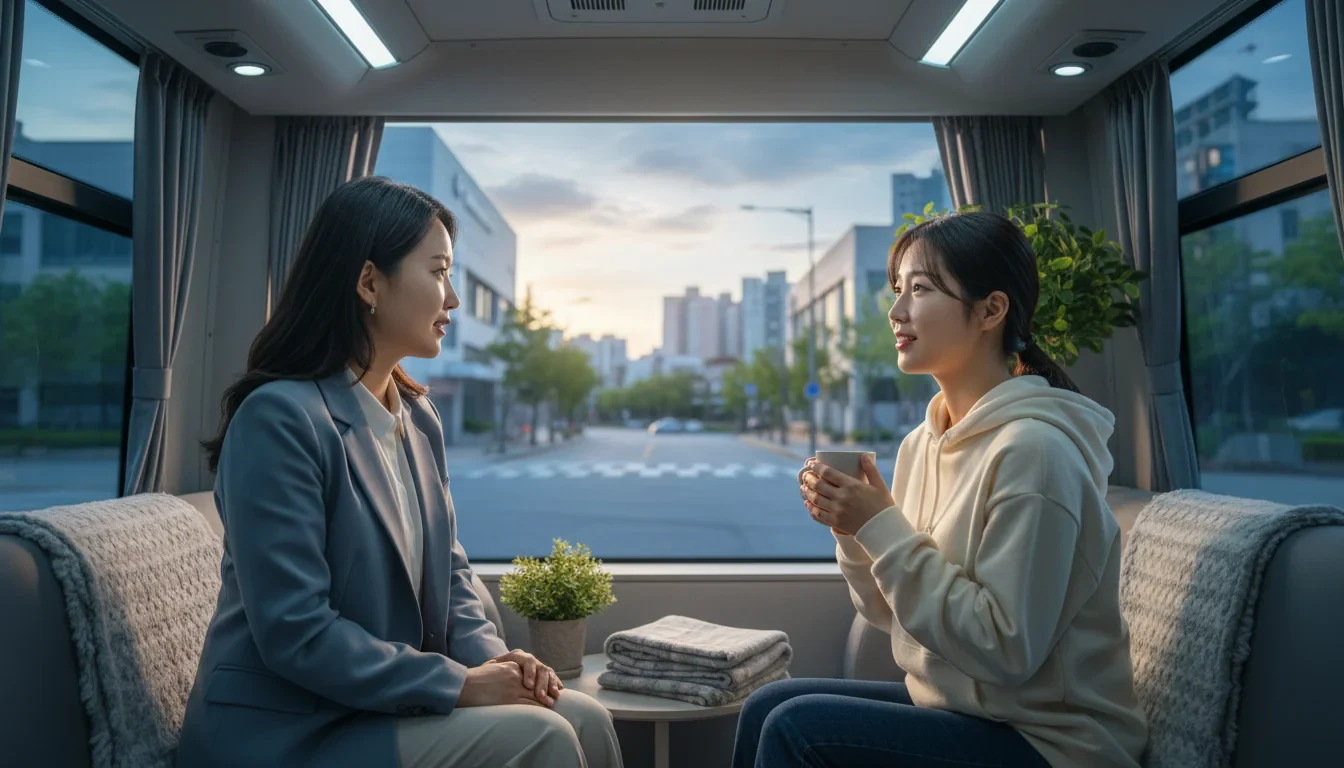 재난 현장에 배치된 마음 안심버스 앞에서 정신건강 전문가가 주민에게 심리상담을 제공하는 모습