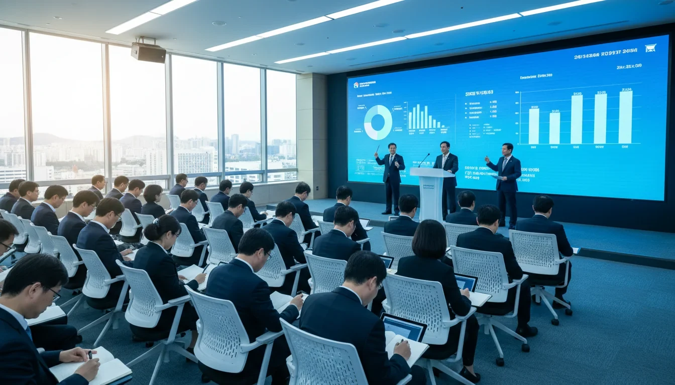 서울 트레이드 타워 대회의장에서 정부 관계자가 EU 탄소국경조정제도 확정기간 대응 방안을 설명하고 수출기업 임직원들이 경청하는 모습