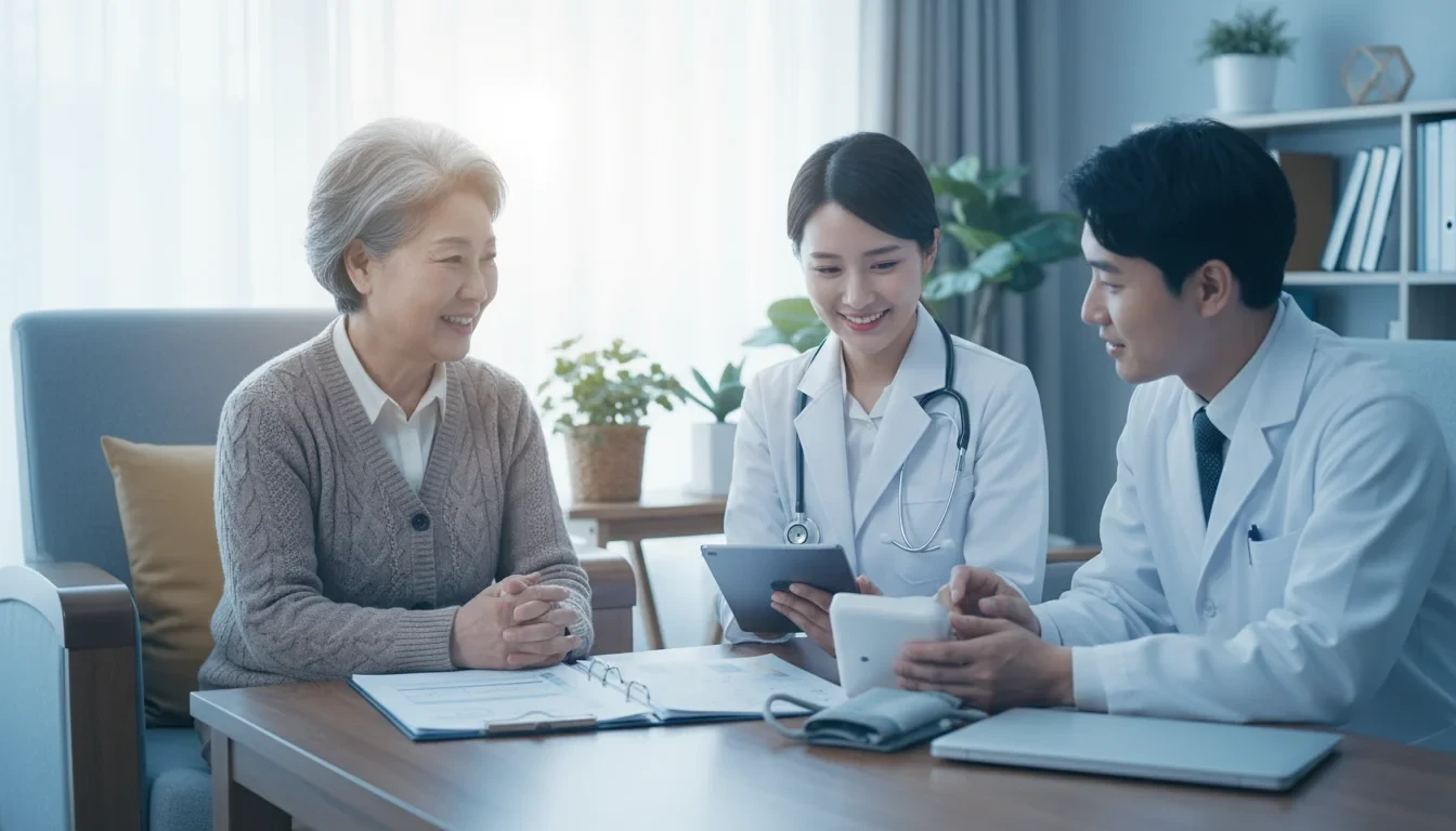 간호사와 의사가 가정을 방문하여 거동이 불편한 어르신에게 진료 서비스를 제공하는 모습