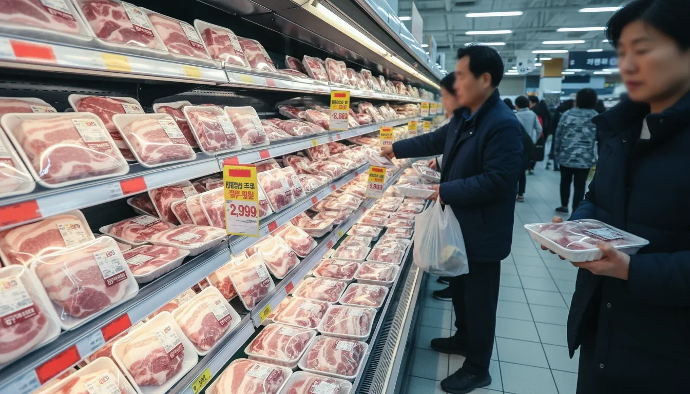 대형마트 정육 코너에서 한돈 삼겹살과 목살이 할인 가격표와 함께 진열되어 있는 모습